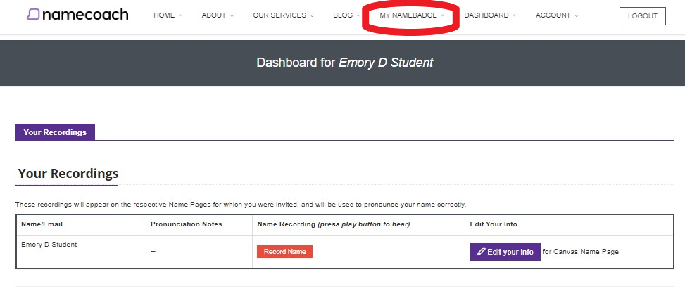 namecoach dashboard